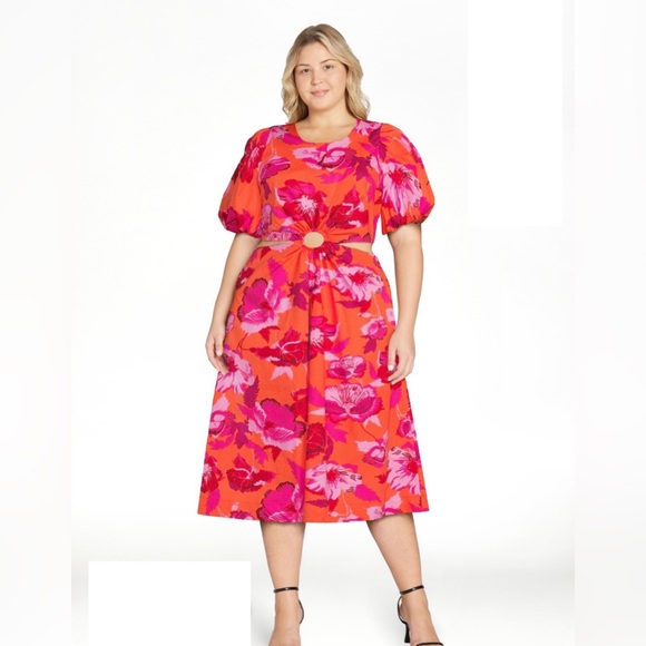 Scoop Puff Sleeve O-Ring Cut Out Midi Dress Orange Pink Tiger Floral XXL 20 - Picture 1 of 11